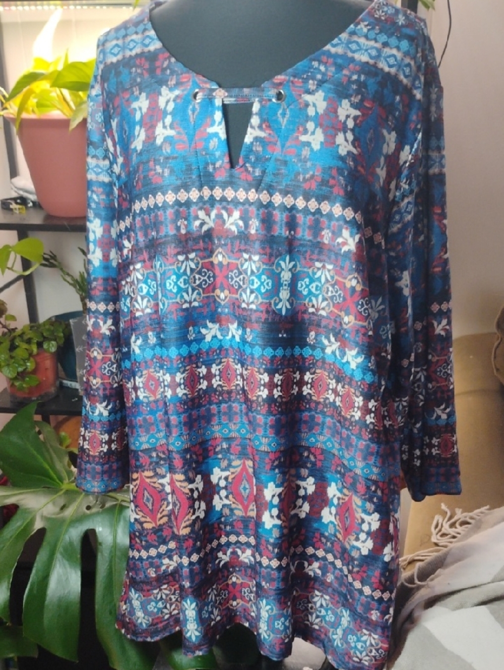 Allison Daley Floral-Print V-Neck Tunic in Teal & Burgundy